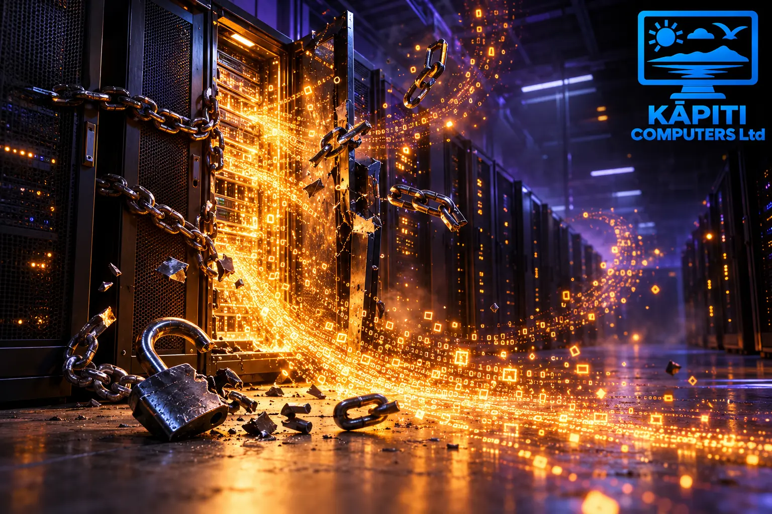 A row of server racks in a dark data centre, with one rack door burst open, broken chains and a shattered padlock on the floor, and glowing orange streams of code pouring out into the aisle