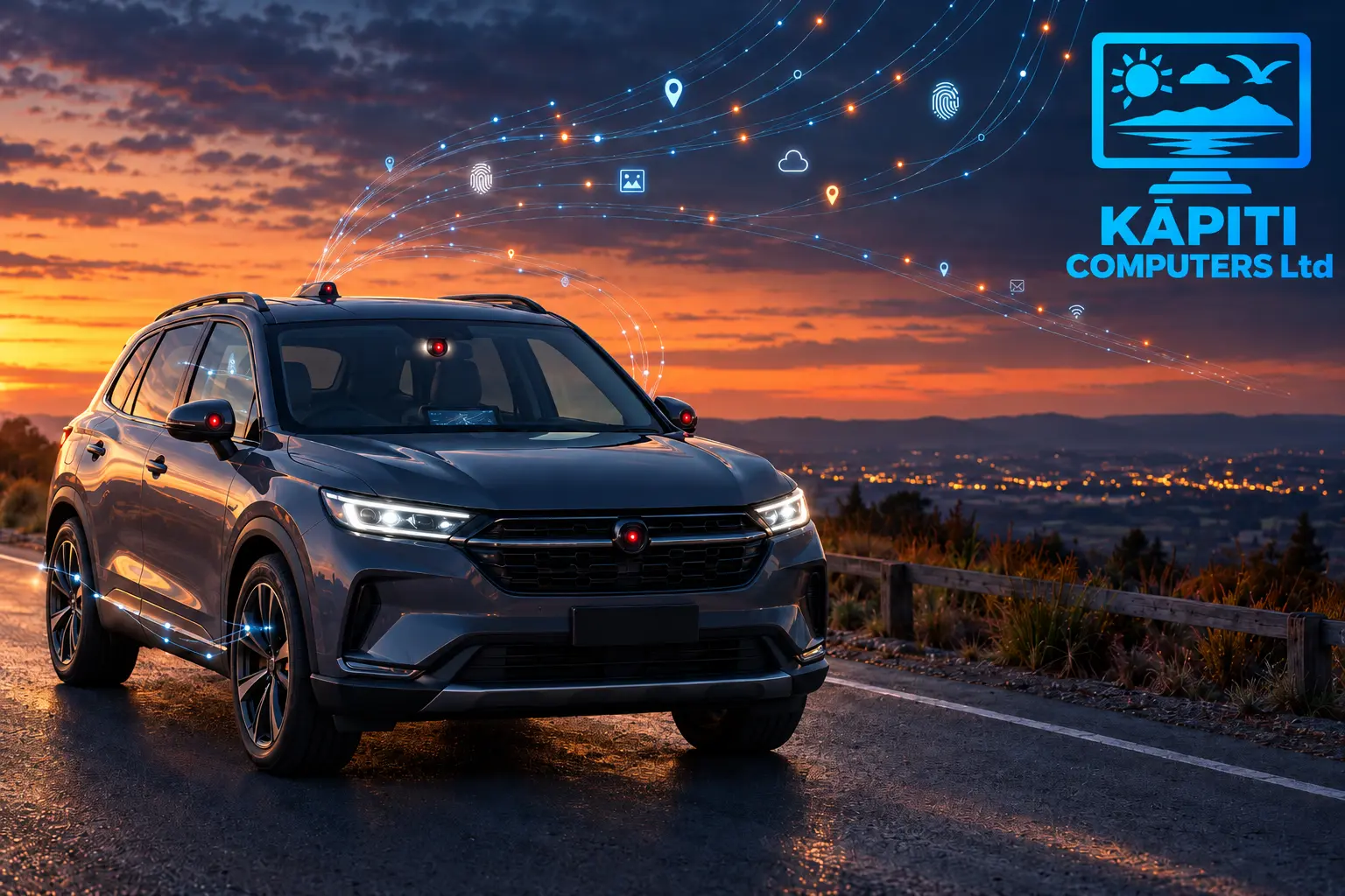 A dark SUV parked on a hilltop road at sunset, with red recording lights on its mirrors, grille and roof, and streams of light carrying location pins and fingerprint icons flowing from the car into the sky