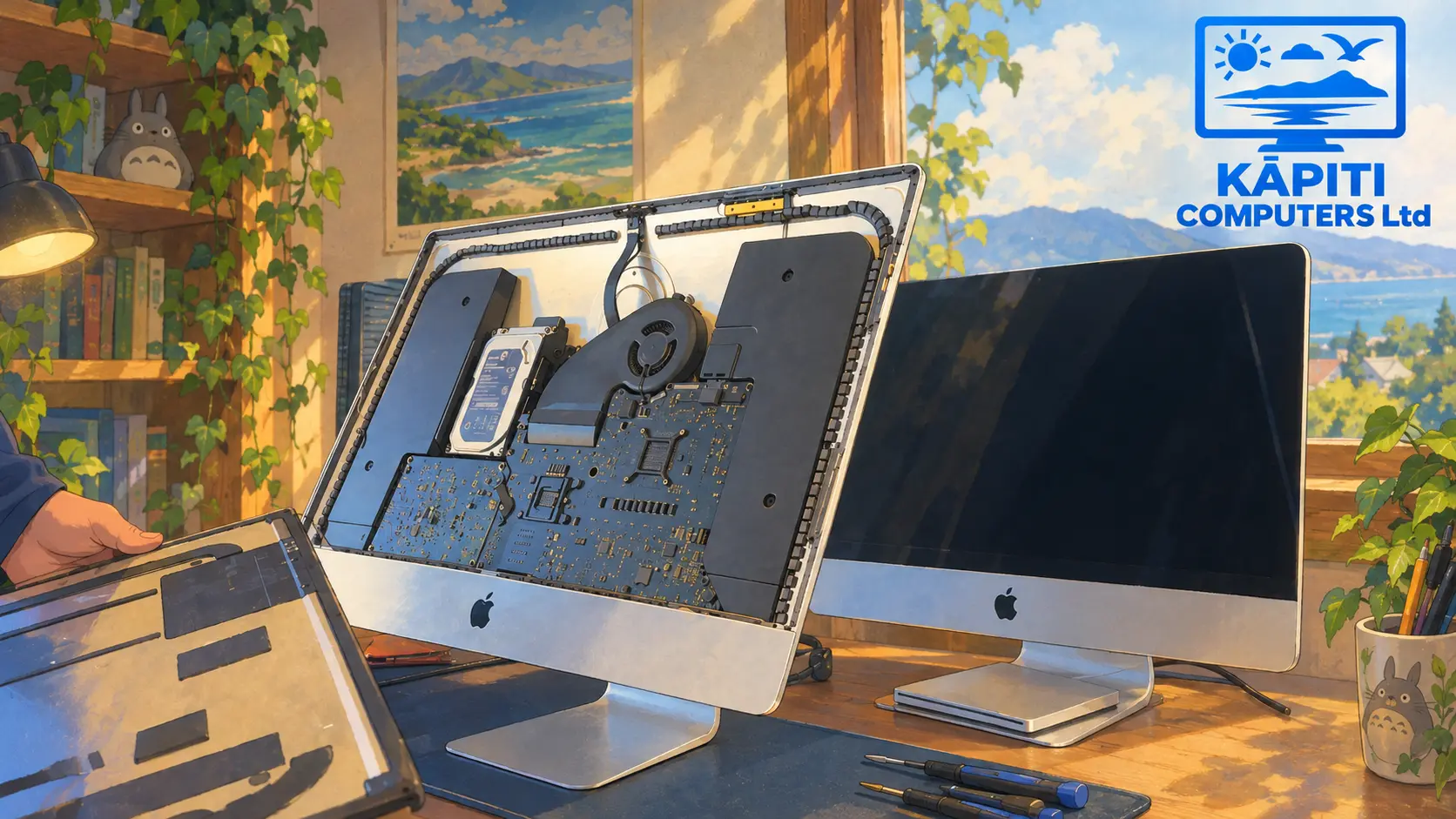 An iMac opened up for repair, showing its internal components
