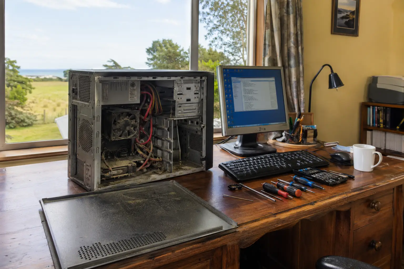 Repairing an older desktop computer at a property in Otaki