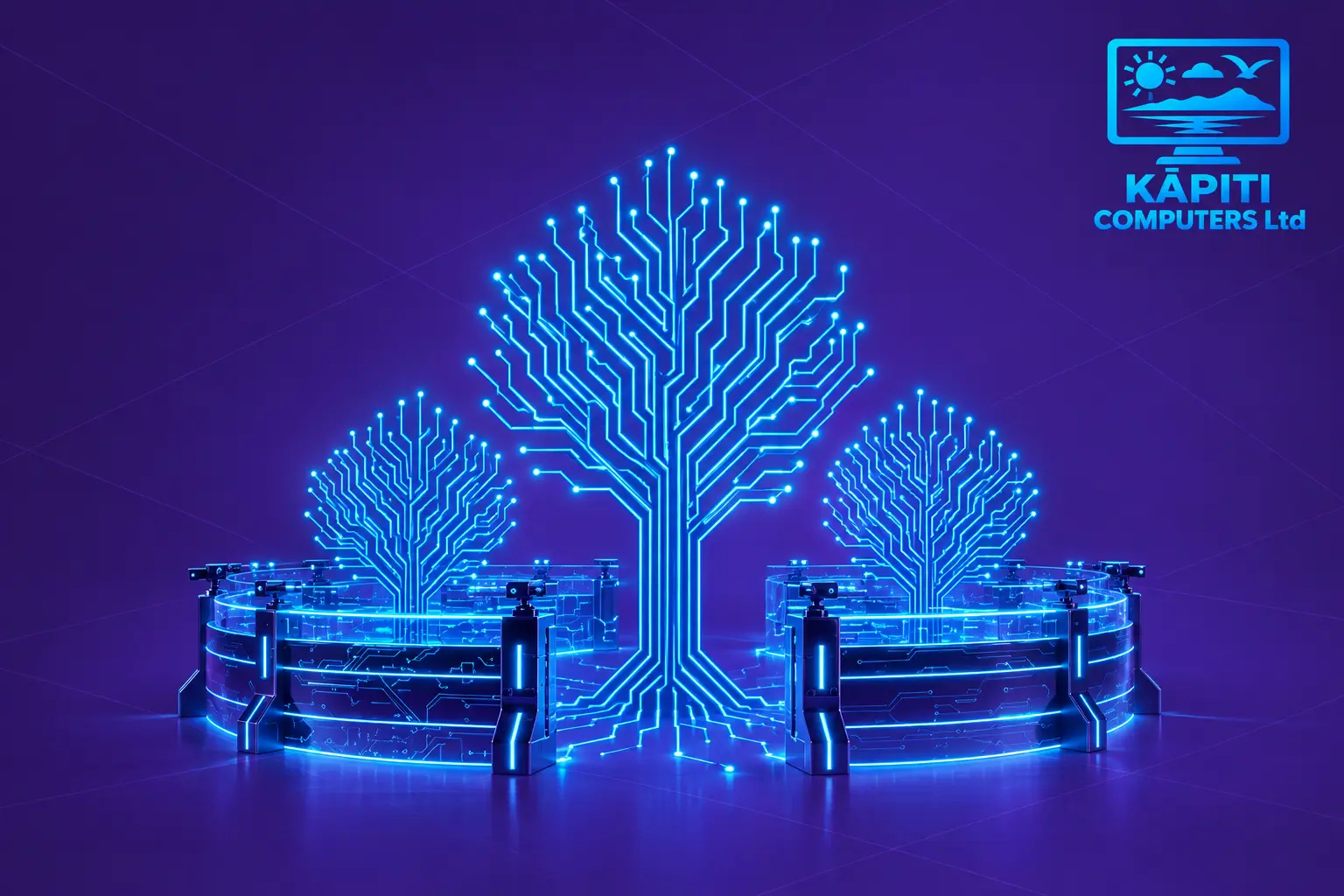 Three glowing digital trees, each fenced off inside its own protective enclosure, representing valuable information kept secure behind a protective wall