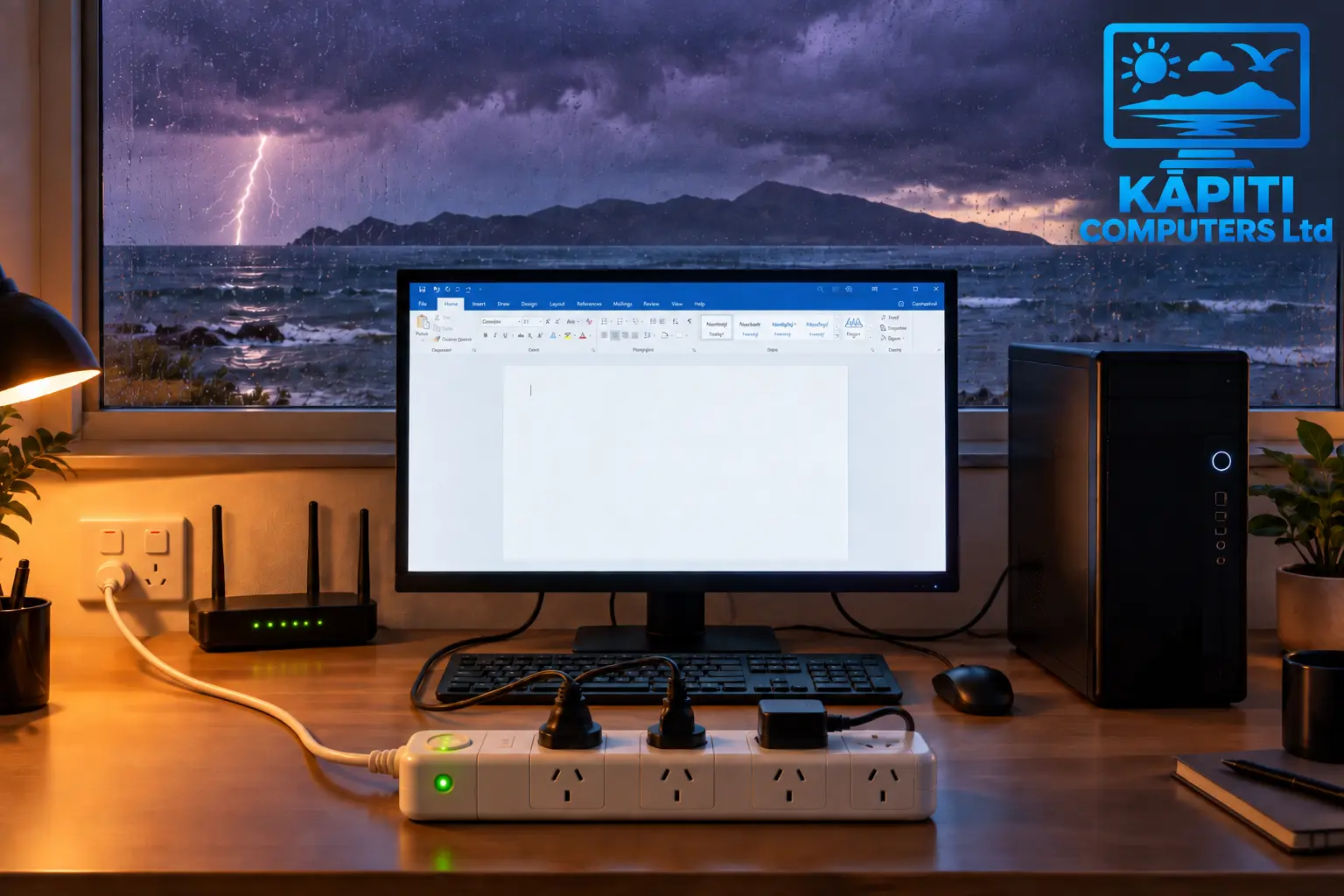 A desktop computer and Wi-Fi router plugged into a surge protector on a home office desk, with a lightning storm over Kapiti Island outside the window