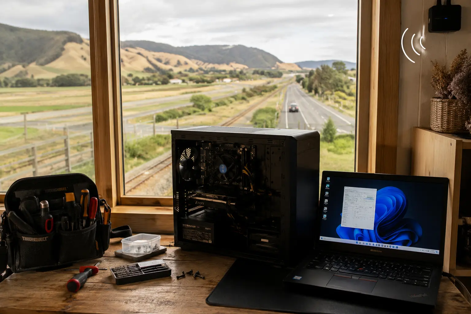 Computer being repaired at a lifestyle block in Te Horo
